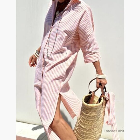 Long Sleeve Button Down Maxi Dress Loose Fit Striped Cotton Casual - Picture 3 of 7